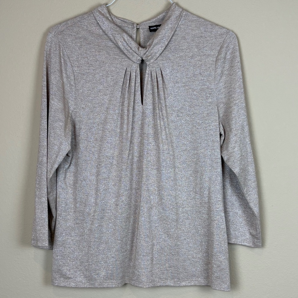 Karl Lagerfeld Paris Gold Shimmer Pleated Front/Keyhole Knit 3/4 Sleeve Pullover